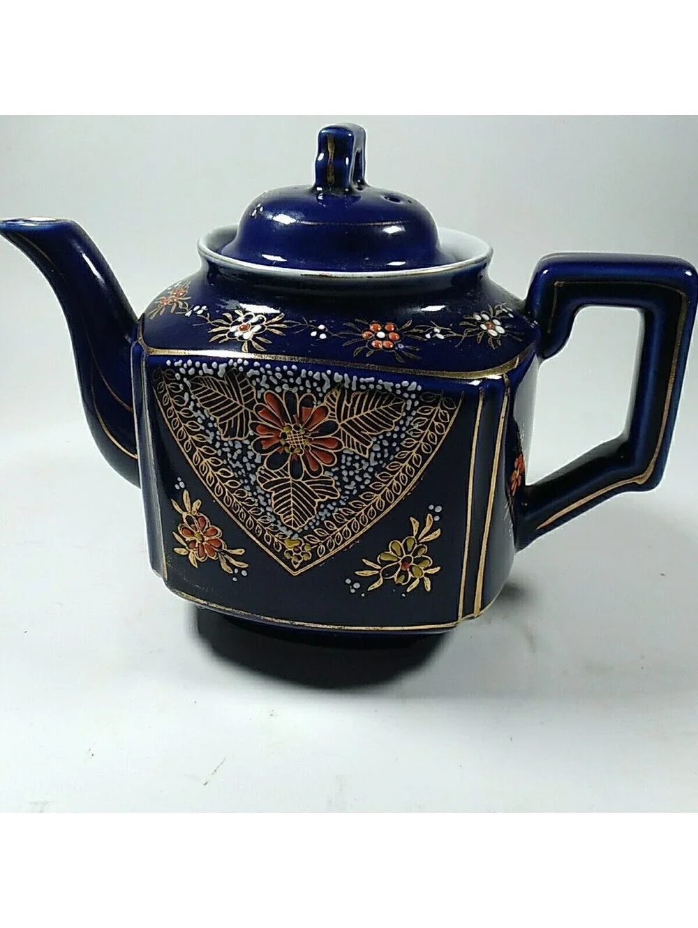 Vintage Cobalt Blue Teapot Tea Pot Flowers Gold Trim TA Made Japan Kitchen Decor